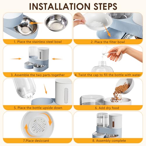 Automatic Gravity Cat Dog Feeder and Water Dispenser with 304 Stainless Steel Bowls 2 in 1 360 Degree Rotatable Auto 2.4L Dry Food and 2.6L Water Bowl for Small Medium Pet Dog Puppy Kitten