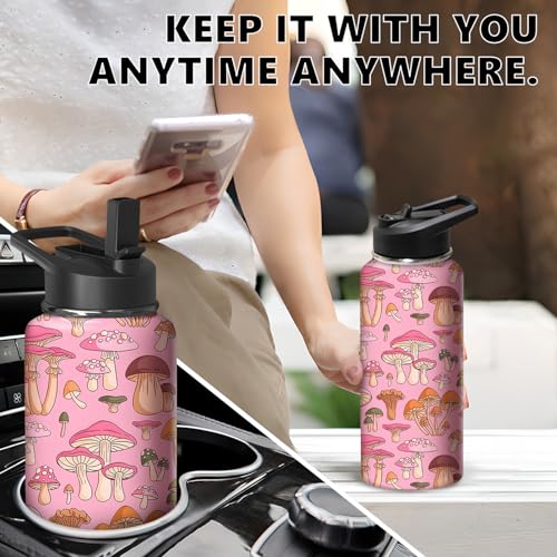 32oz Mushroom Water Bottle with Handle and Flip Straw