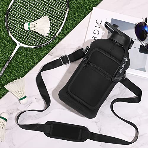 Half Gallon Water Bottle with Sleeve 64 OZ Water Bottle with Handle & Straw Leakproof Motivational Sports Gym Water Bottle with Time Marker BPA Free Water Jug with Neoprene Holder