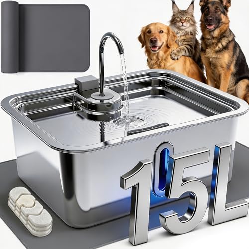 3.96Gal 15L Large Dog Water Fountain with Pet Feeding Mat and 3 Filters (507.27 Ounce)