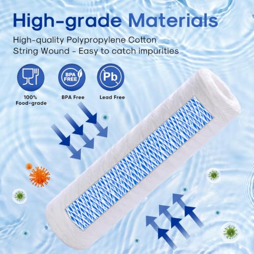 10 Micron 10" x 2.5" String Wound Sediment Water Filter Cartridge for Well filter Universal Replacement for Any 10 inch RO Unit (6 Count)