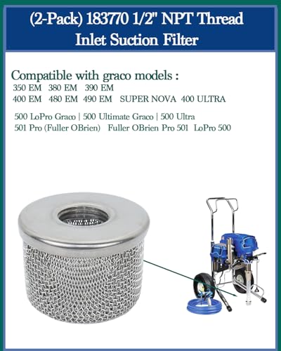 2pack) 181073 Pump Inlet Strainer Filter 1/2" NPT Thread, Double-Layer Stainless Steel Compatible withGraco 350 EM,380 EM,390 EM, 400 EM, 480 EM, 490 EM,500, Super NOVA, Paint Sprayers (2 Count)