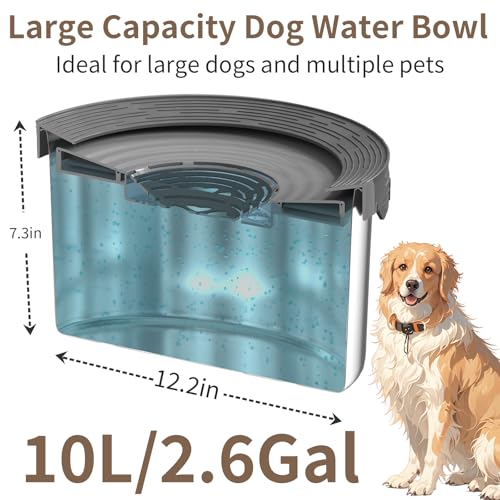 10L Dog Water Bowl No Spill 2.6 Gallon Super Large Capacity Stainless Steel No Splash Dog Bowls 338oz Slow Drinking Feeder with Non