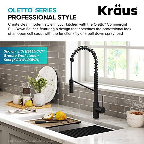 Oletto Commercial Style Single Handle Pull Down Kitchen Faucet with QuickDock Top Mount Installation Assembly in Matte Black