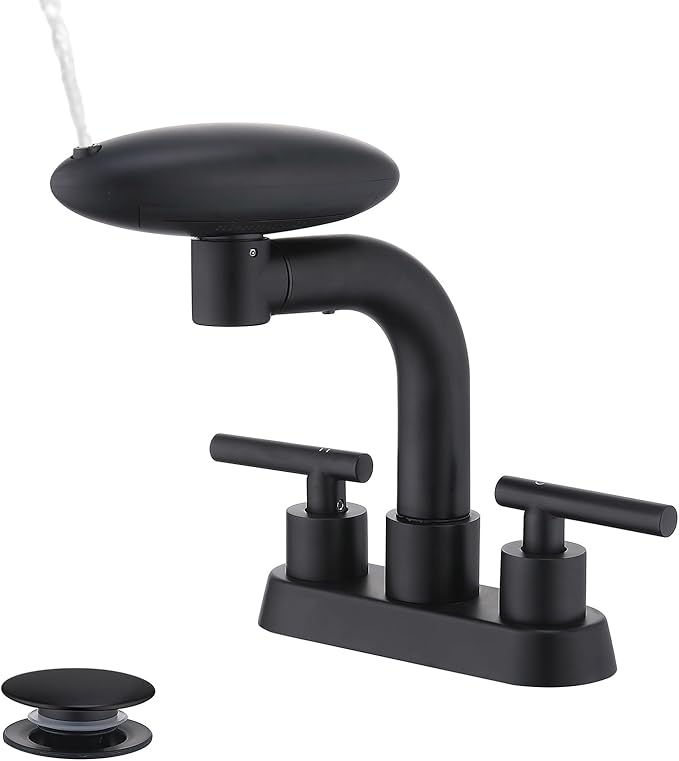 TUTEW Matte Black Pull-Down Bathroom Faucet – 4-Inch Widespread 3-Hole Design, 360° Swivel Spout, 4 Spray Modes with Pop-Up Drain, Easy Install