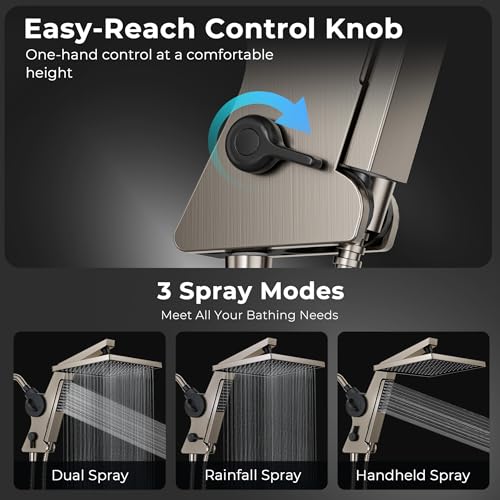 Filtered Rain Shower Head with Handheld Combo High Pressure 12'' Rainfall Shower Heads & Hidden Detachable Wand Dual Showerhead Water Softener for Hard Water Easy Filter Replacement