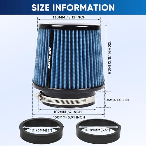 3 3.5 4 Inches Cold Air Intake Filter 76mm 89mm 101mm High Performance Washable Clamp