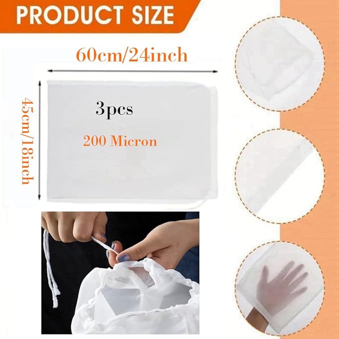 3 Pack Brew Bag Large (18"x24") Straining Bag, Reusable Nylon Cold Brew Bags 200 Micron Fine Mesh Bag with Drawstring for Home Brewing Hops Grains Fruit Apple Grape Wine Straining