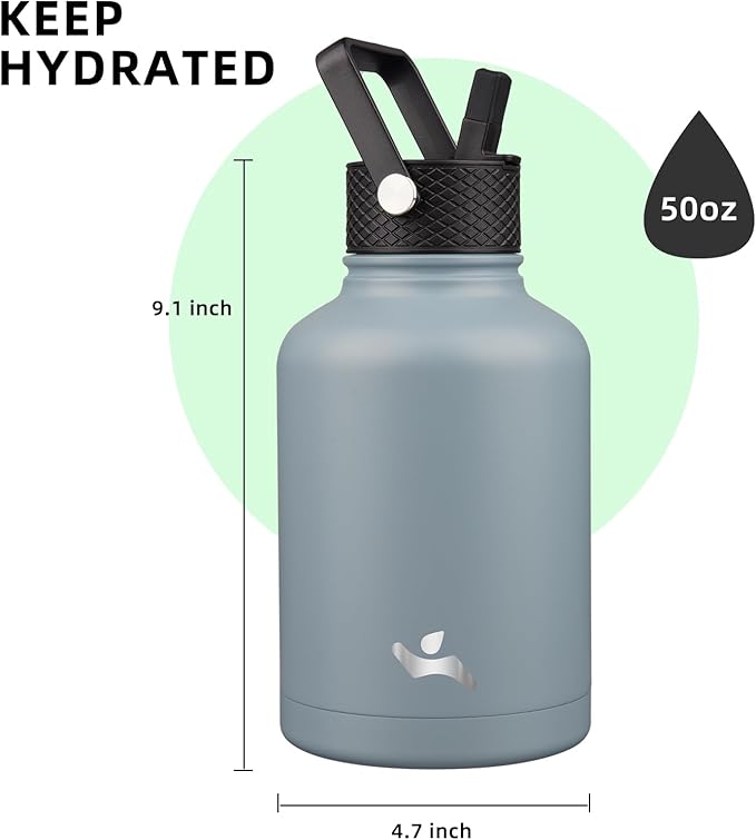 Insulated Water Bottle with Straw,50 oz 3 Lids Water Jug with Carrying Bag,Paracord Handle,Double Wall Vacuum Stainless Steel Metal Flask,Storm Blue