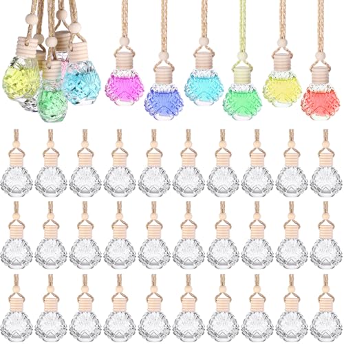 60 Pcs Hanging Car Air Freshener Car Diffuser Bottle Empty Glass Perfume Bottles Air Freshener Diffuser Bottle Pendant for Essential Oils Fragrance Aromatherapy Ornament Decor (60 Count)
