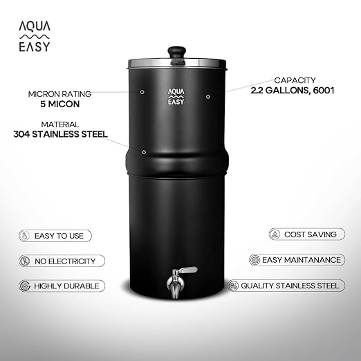 AquaEasy NSF/ANSI 372 Certified Stainless Steel Gravity Water Filter System (2.25 Gallon) 2X Activated Carbon Filter, Stainless Steel Tap and Wooden Stand | Countertop Water Filtration System (Black)