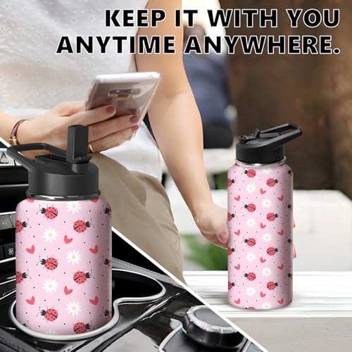 32oz Ladybug Water Bottle with Handle and Flip Straw