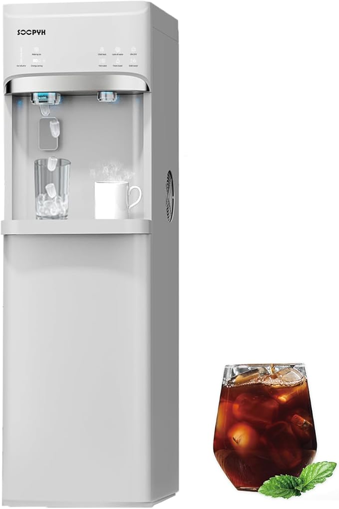 Self Clean Bottom Load Water Cooler Dispenser Built-in Ice Maker for 5 Gallon 3 Temperature Settings 22lbs Daily Capacity White