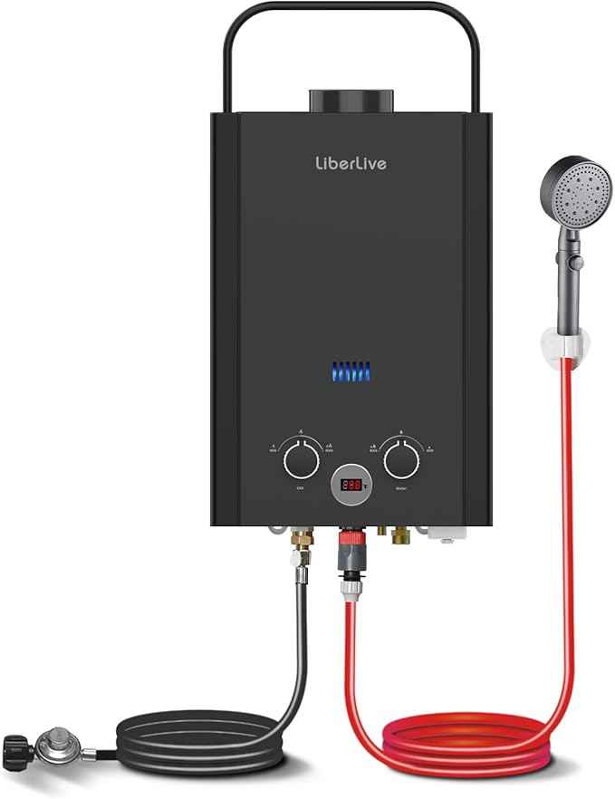 Propane Water Heater, 6L 1.58GPM 41000 BTU Portable Tankless Water Heater Outdoor, Gas Instant Hot with Handle Overheating Protection for RV Trips, Camping, Boat Cabins, Outdoor Shower, Black