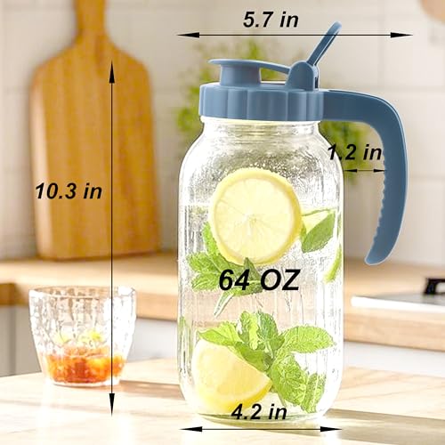 Mason Jar Pitcher 2 Quart With Pour Spout Lids 2 Pack 64 Oz Wide Mouth Water Pitcher Airtight And Leakproof Glass Carafe With Handle And Flip Cap For Milk (2 Count)