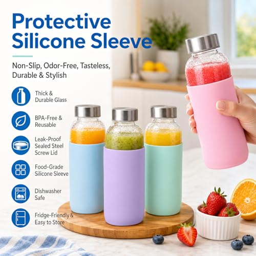 16 oz Glass Water Bottles with Lids and Silicone Sleeve 4 Pack