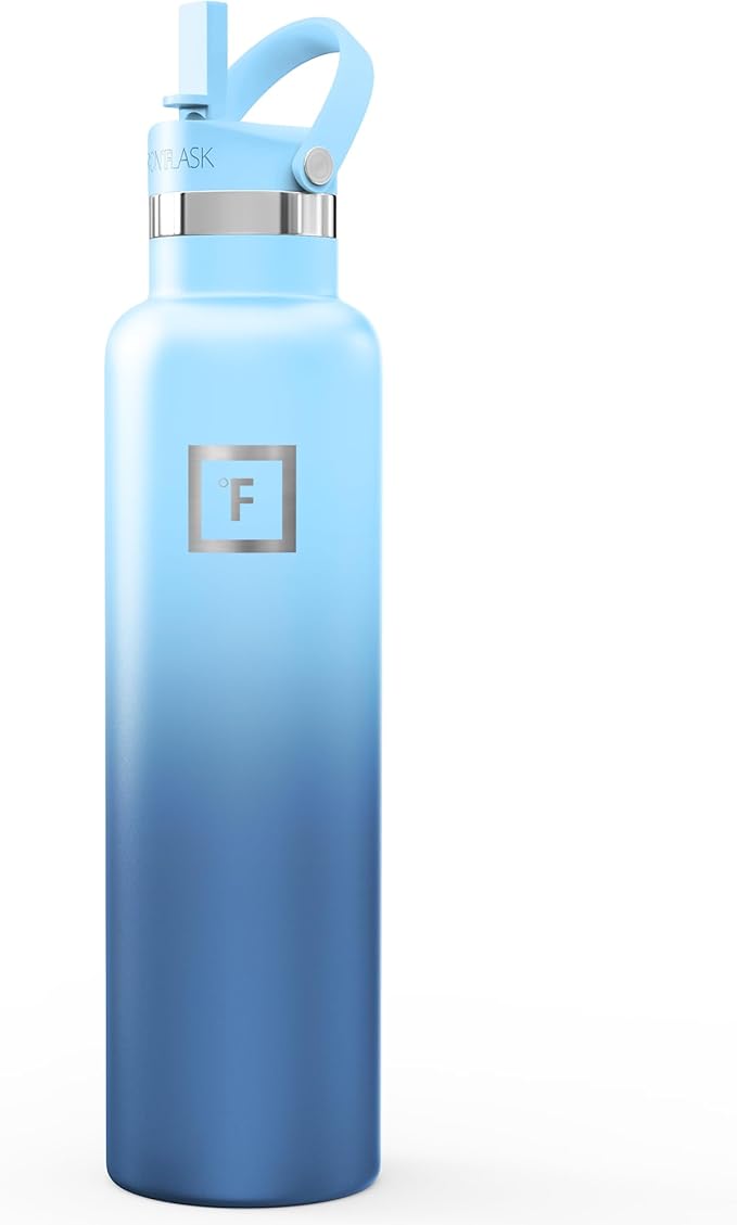IRON °FLASK Camping & Hiking Hydration Flask with Straw, Narrow Mouth Insulated Stainless Steel Sports Water Bottle - Blue Waves 24 oz - Straw (1 Lid)