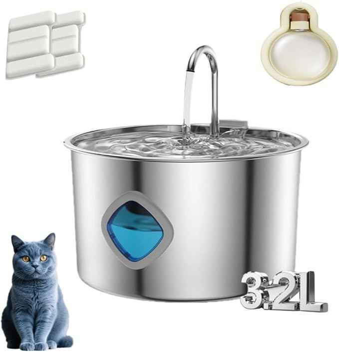 Cat Water Fountain Stainless Steel: 108oz/3.2L Water Fountains for Cats Indoor, Cat Water Fountain, Ultra Quiet, Water Level Window Built (1PC + 2 Filter, X)