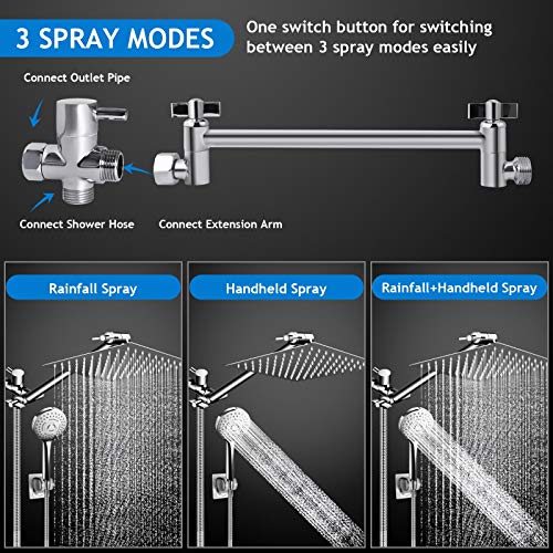 Modern 12" Large Square Rain Showerhead with 5 Modes Handheld Showerhead Combo