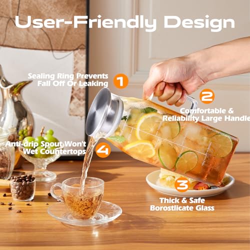 68oz Glass Pitcher with Lid and Handle for Fridge (2 Count)