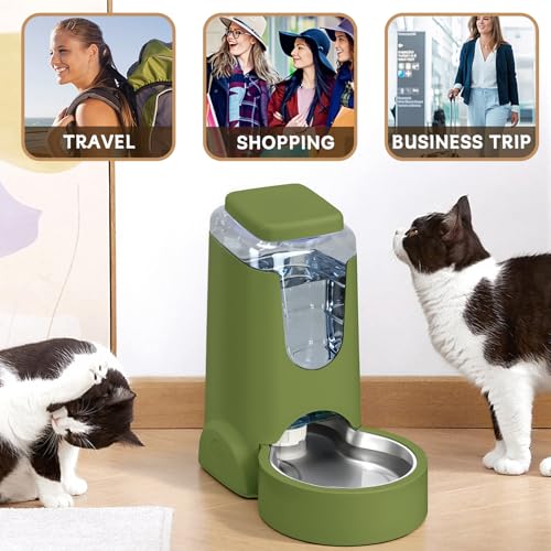Portable Automatic Cat Feeder and Water Dispenser with Stainless Steel Bowl Dog Gravity Food Feeder and Waterer for Small Medium Pets Puppy Kitten 1 Gallon x 2