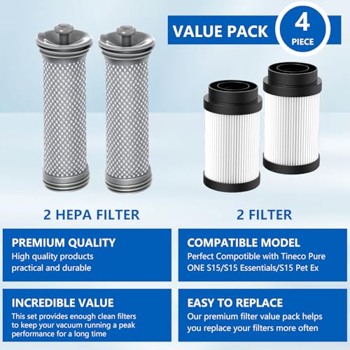 4 Pack Filter Replacement Parts for Tineco Pure ONE S15 (4 Count)