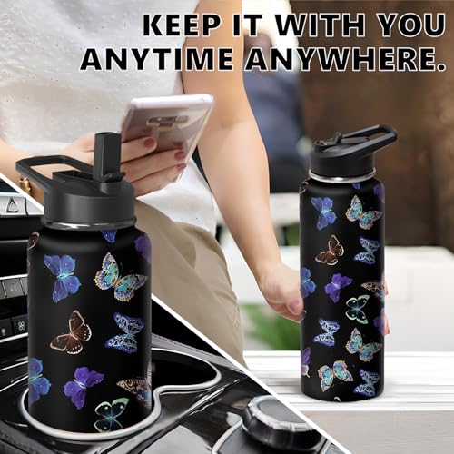 40oz Butterfly Water Bottle with Handle and Flip Straw