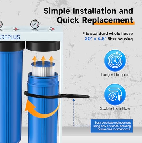 20-Inch 3-Stage Whole House Water Filter, Home Filtration System | Pleated Pre-Filter, Activated Carbon & Iron-Manganese Reducing | Built-in Pressure Gauges, with Steel Stand Frame