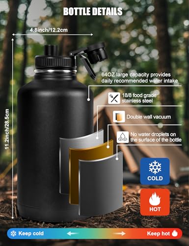 64 Oz Black Tactical Water Bottle with 3 Lids