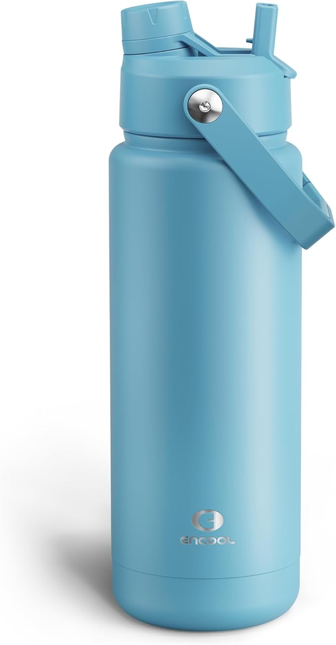 ENCOOL Insulated Water Bottle with Straw Stainless Steel Water Bottle, Leak-Proof, BPA-Free, Double Wall Vacuum Keeps Cold for 24 Hours for Sports, Travel, School (32 oz, Pewter Blue)