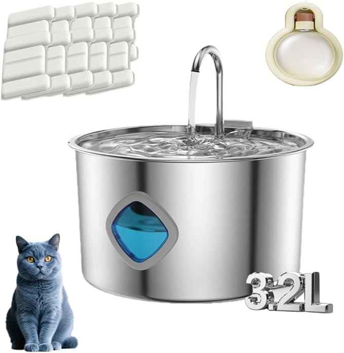 Cat Water Fountain Stainless Steel: 108oz/3.2L Water Fountains for Cats Indoor, Cat Water Fountain, Ultra Quiet, Water Level Window Built (1PC + 10 Filter, X)