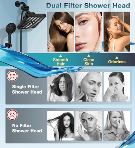 High Pressure Black Dual Filtered Rain Shower Head Combo for Hard Water (2 Count)