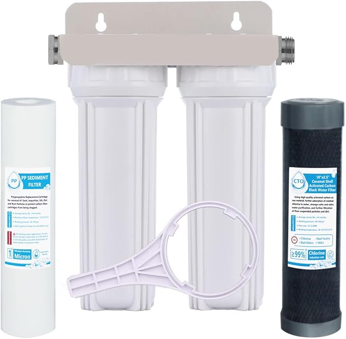 External RV Dual Water Filter System for Reducing Sediment, Dirt, Sand, Rust, Scale Particles & Chlorine Taste | 3/4