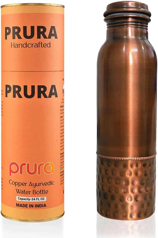Hammered Curved Copper Water Bottle 32 oz - Seamless Leak Proof Joint Less Water Bottle for Ayurvedic Benefits