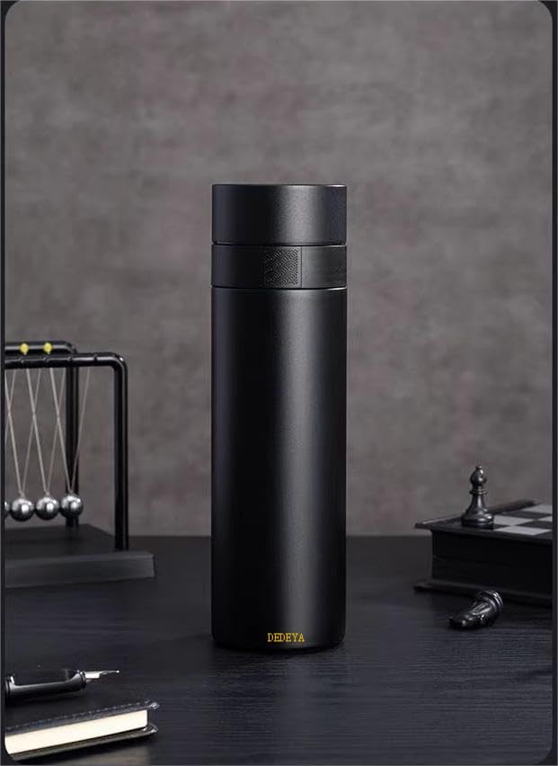 15oz Stainless Steel Vacuum Insulated Water Bottle with glass liner inside,glass lined thermos with Infuser for Hot and Cold drink -Leakproof Travel Mug with Filter (Black,with Tea infuser)