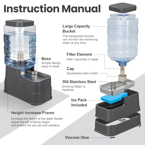 Automatic Dog Water Dispenser Gravity Stainless Steel Water Feeder Cat Waterer Feeder with Wide Mouth Bowl for Small Medium Dog Puppy Kitten
