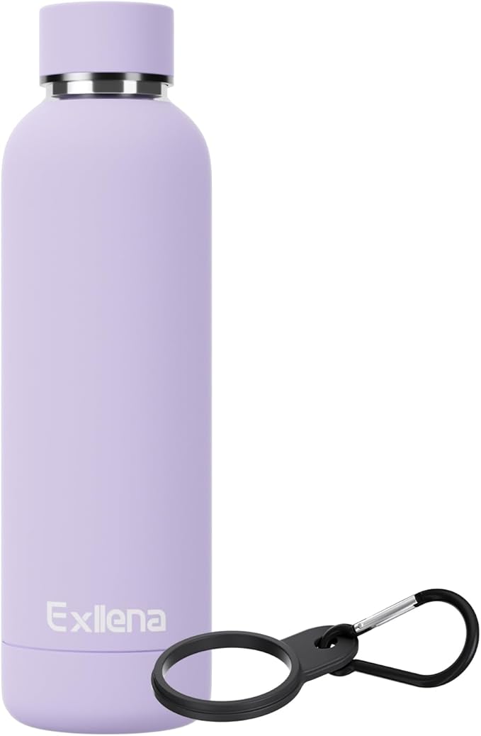 Exllena Slim Insulated Water Bottles for Travel 18oz with Clip, Double Wall Vacuum Stainless Steel Water Bottle Keeps Drinks Cold 24 Hrs/Hot 12 Hrs, 100% Leakproof, BPA Free(Purple)