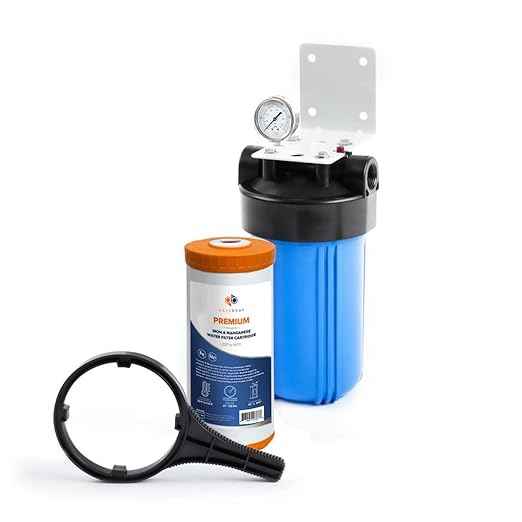 Aquaboon Whole House Water Filter System for Well Water with 10x4.5 Iron & Manganese Water Purification Cartrige | NSF Certified, Pressure Gauges & Releas, Wrench, Bracket 1" NPT
