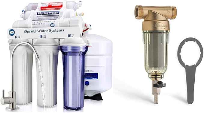 iSpring RCC7AK, NSF Certified 75 GPD, Alkaline 6-Stage Reverse Osmosis System & WSP-50 Reusable Whole House Spin Down Sediment Water Filter, 50 Micron Flushable Prefilter