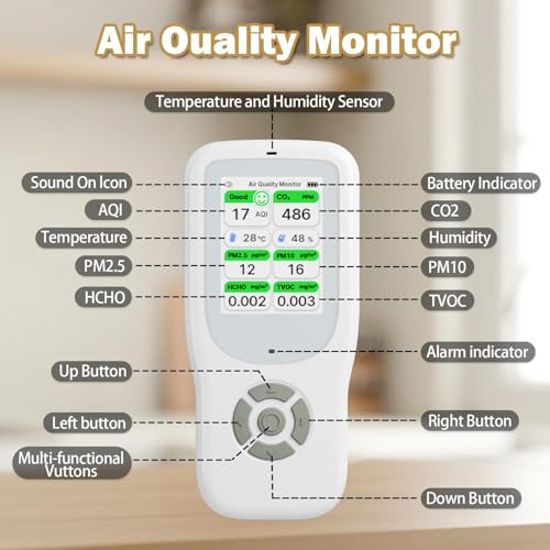 11-in-1 Air Quality Monitor - Portable Indoor Air Quality Detector with Stand, Real-Time Test for AQI, CO2, PM2.5, PM1.0, PM10, TVOC, HCHO, Particles, Humidity & Temperature