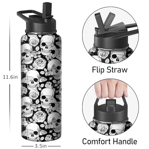 40oz Skull Water Bottle with Handle and Flip Straw
