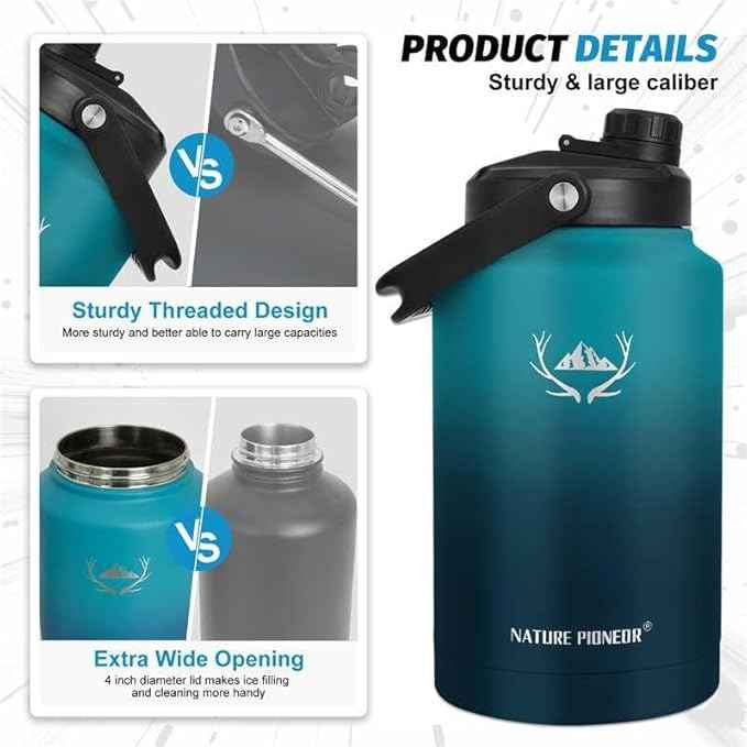 NATURE PIONEOR 1 Gallon Insulated Water Bottle - Double Vacuum Stainless Steel 128 oz Water Bottle with Holder/Carrier, Wide Mouth 1 gallon Water Jug for Outdoor Sports, Hiking, Camping, Gym