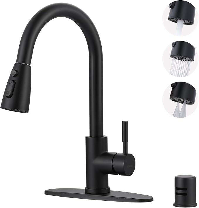 Kitchen Faucet with Air Gap: WOWOW Stainless Steel Kitchen Sink Faucet and Dishwasher Air Gap Kits for Kitchen Sink 2 or 4 Hole, Matte Black Finish