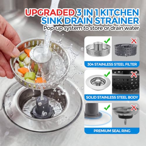 3-in-1 Kitchen Sink Drain Strainer, 304 Stainless Steel Sink Stopper