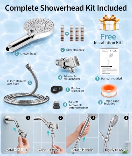 Filtered Shower Head with Handheld High Pressure 9 Spray Mode Showerhead Detachable Shower Head Water Softener Filters Beads for Hard Water Remove Chlorine 4 Filters Chrome