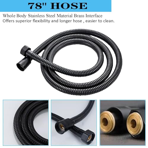 6'' Square High Pressure Rain Black Shower Heads with Handheld Spray Combo. Equipped with 78" Leakproof Hose