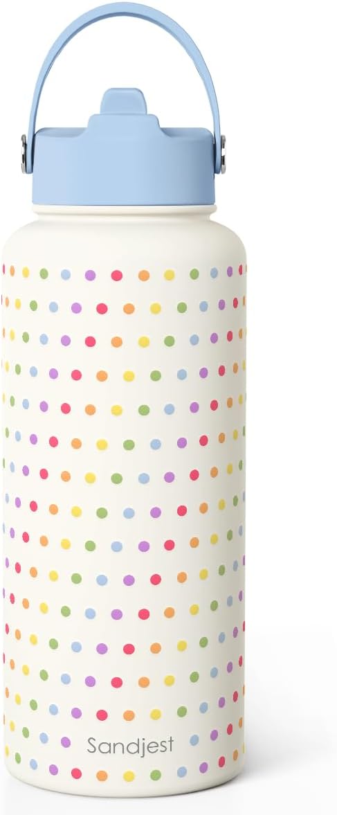 Pride Water Bottle Stainless Steel 32oz with Lid & Straw, Rainbow Polka Dots Insulated Bottles Gifts for Women Men LGBT Month Christmas Birthday LGBT Awareness Month