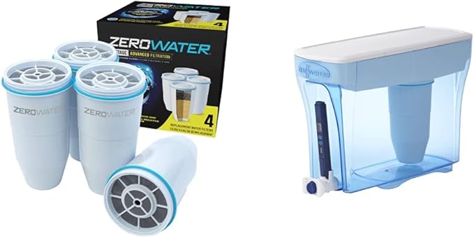 ZeroWater Official 5-Stage Water Filter for Replacement, NSF Certified to Reduce Lead, Other Heavy Metals and PFOA/PFOS, 4-Pack & ZD-018 ZD018, 23 Cup Water Filter Pitcher with Water Quality Meter