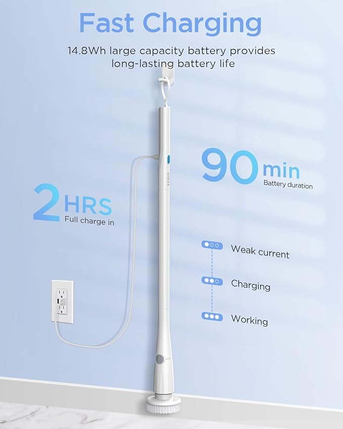 Electric Spin Scrubber, 360 Cordless Shower Scrubber, Electric Spin Cleaner with 4 Replaceable Shower Cleaning Brush Heads and 1 Extension Arm for Tub, Tile, Kitchen, Bathroom