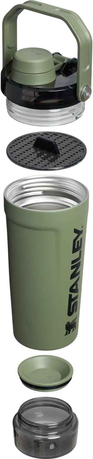 STANLEY Vitalize Shaker Bottle 20 oz | Leakproof Insulated Stainless Steel Shaker Cup | Base Storage and Twist On Fast Flow Lid | Protein Shakes and Pre Workout Powder | BPA-Free | Dried Pine